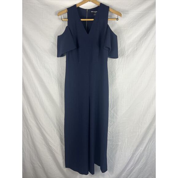 Karl Lagerfeld Navy Blue Wide Leg Sleeveless Jumpsuit Sz 0 Cold Shoulder V Neck - Picture 1 of 10